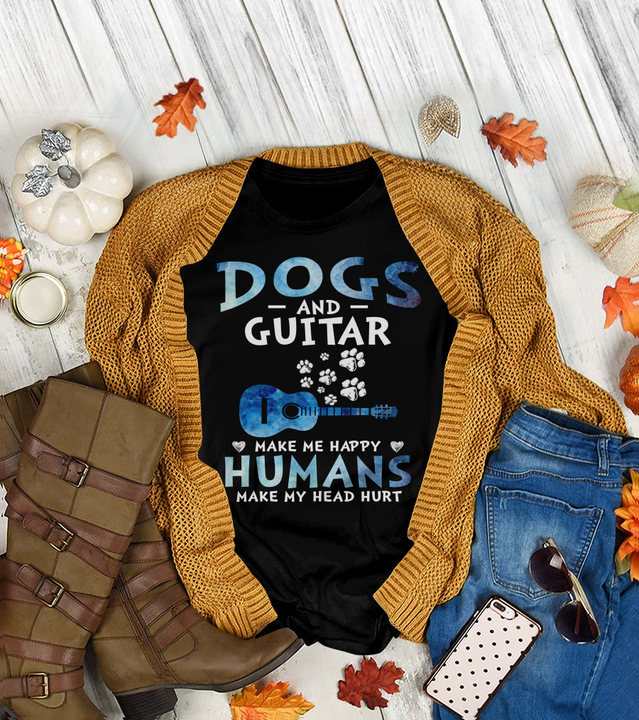 Dogs and Guitar Make Me Happy Humans Make My Head Hurt Paw Prints and Heart Shape Accent T-Shirt