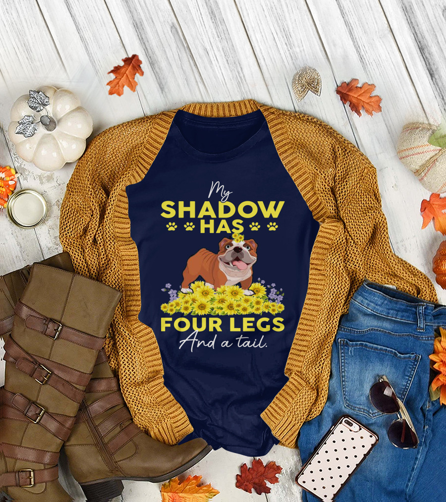 My Shadow Has Four Legs And A Tail Bulldog Surrounded by Yellow Flowers T-Shirt