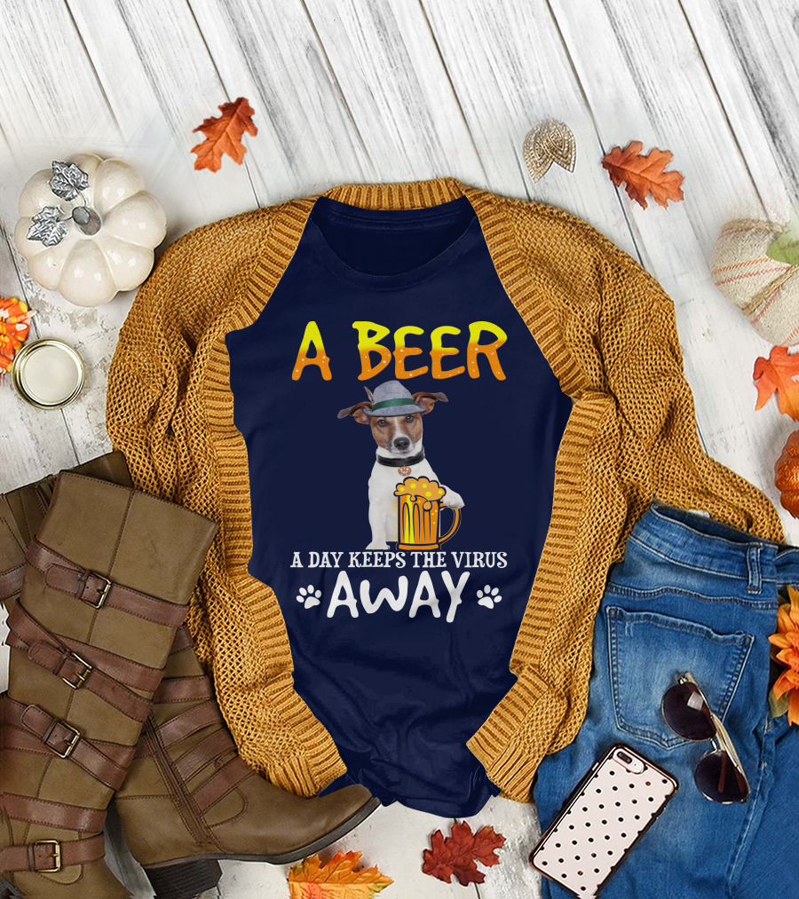 A Beer A Day Keeps The Virus Away Jack Russell With Hat And Beer Mug T-Shirt
