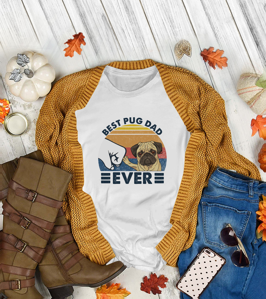 Best Pug Dad Ever Fist Bump with Retro Sunset Pug T-Shirt