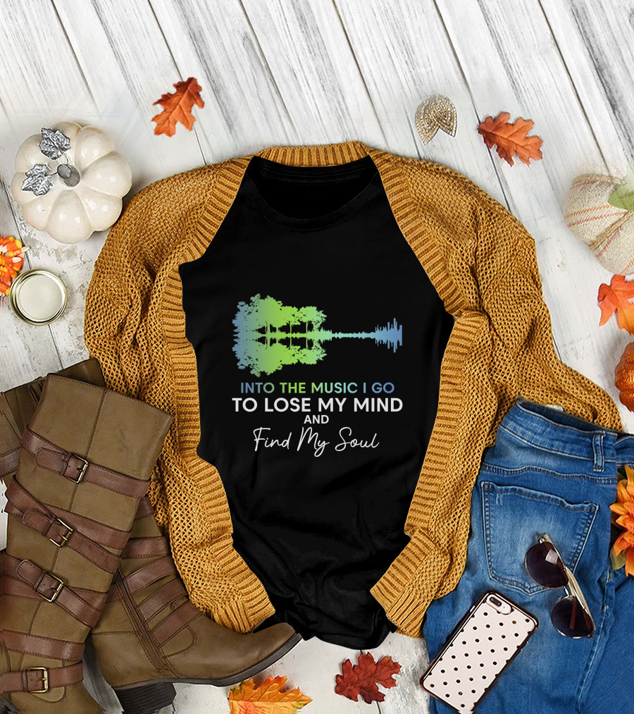 Into the Music I Go To Lose My Mind and Find My Soul Guitar Silhouette Trees Soundwave T-Shirt