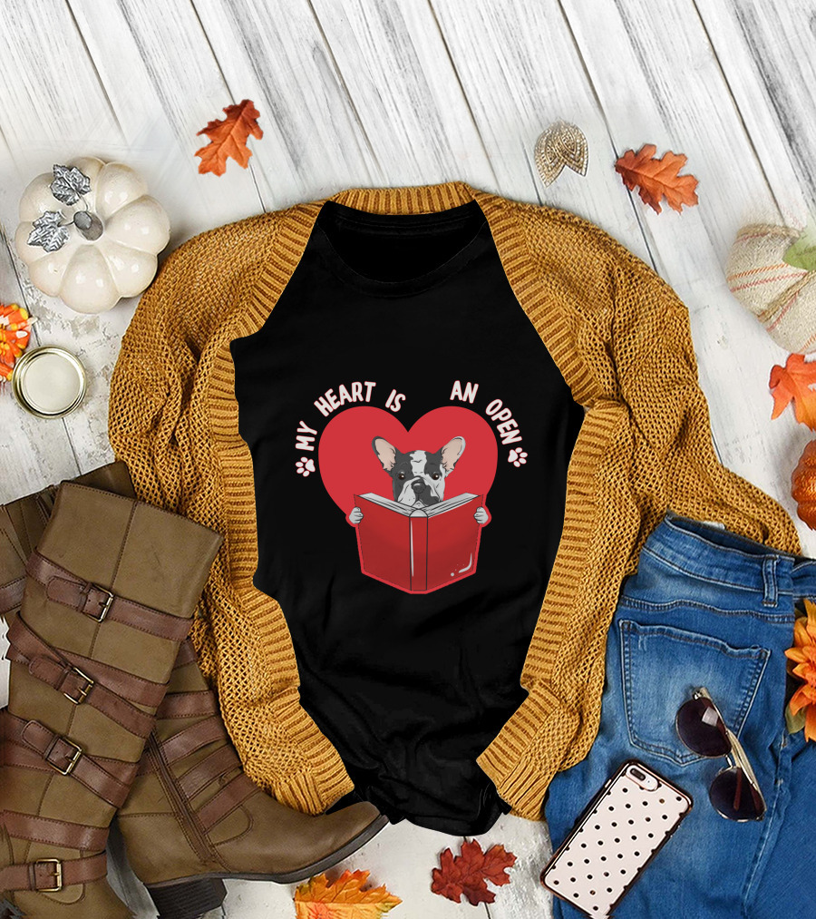 Valentines Day Reading My Heart Is An Open Book Bulldog T-Shirt