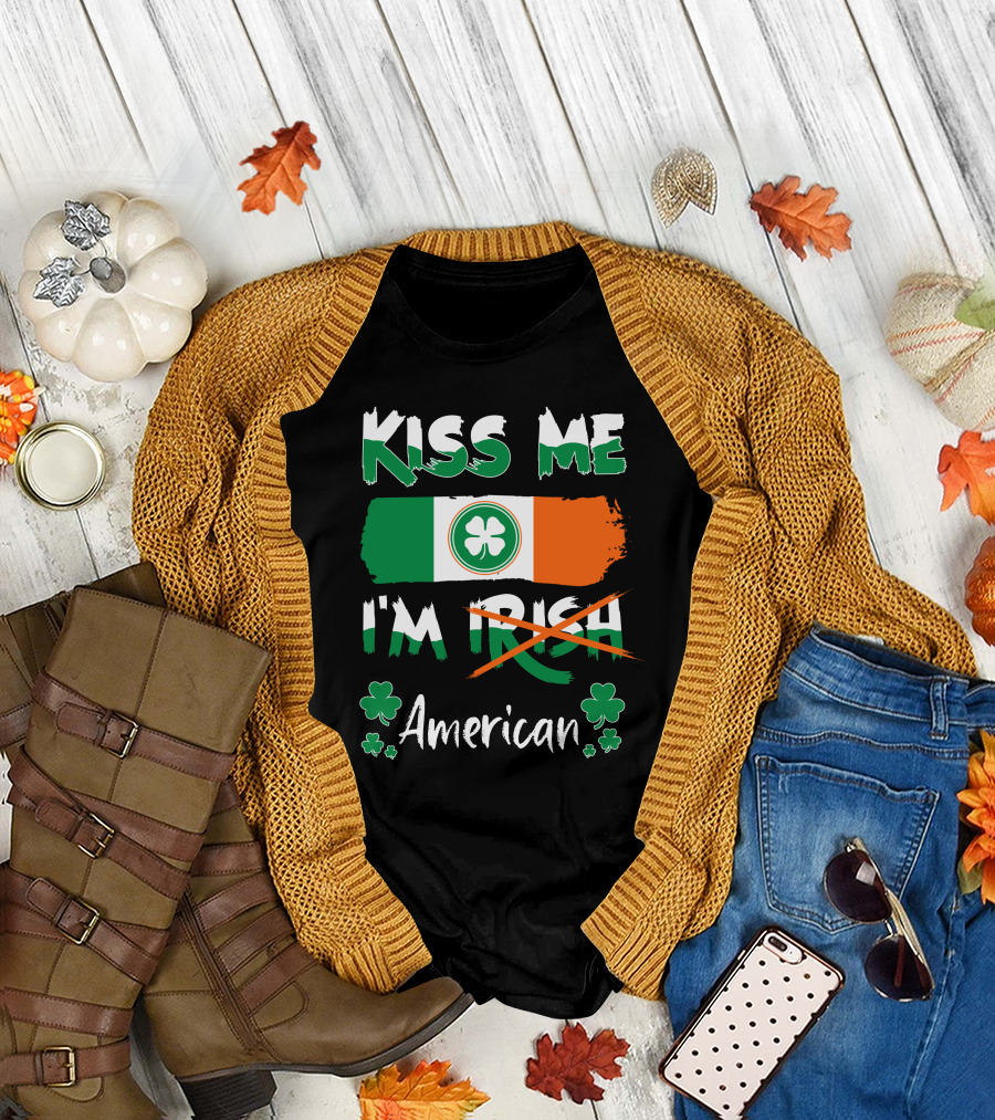 Kiss Me I'm Irish American Pride Flag with Shamrocks T-Shirt