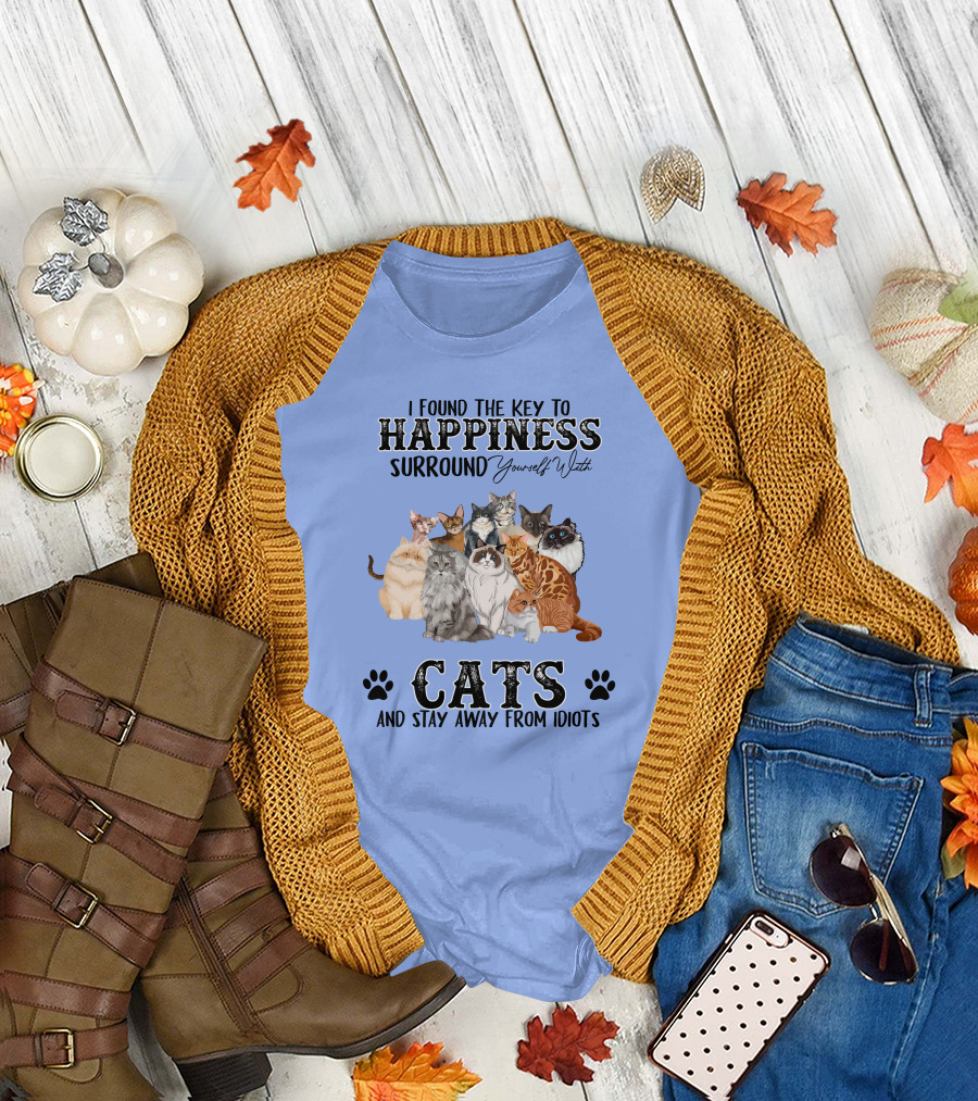 I Found The Key To Happiness Surround Yourself With Cats And Stay Away From Idiots Cat Lovers Paw Prints Collection T-Shirt