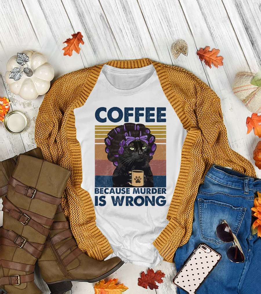 Retro Black Cat Coffee Because Murder Is Wrong Vintage Rainbow T-Shirt
