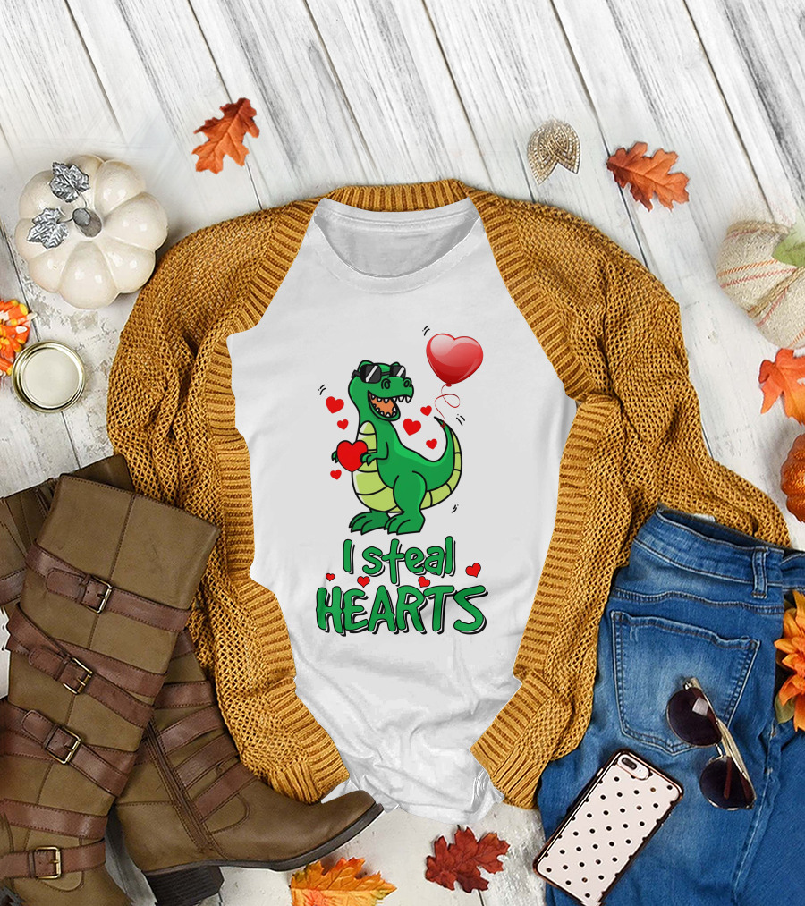 RD Dinosaur Valentines Day I Steal Hearts with Sunglasses and Balloon T-Shirt