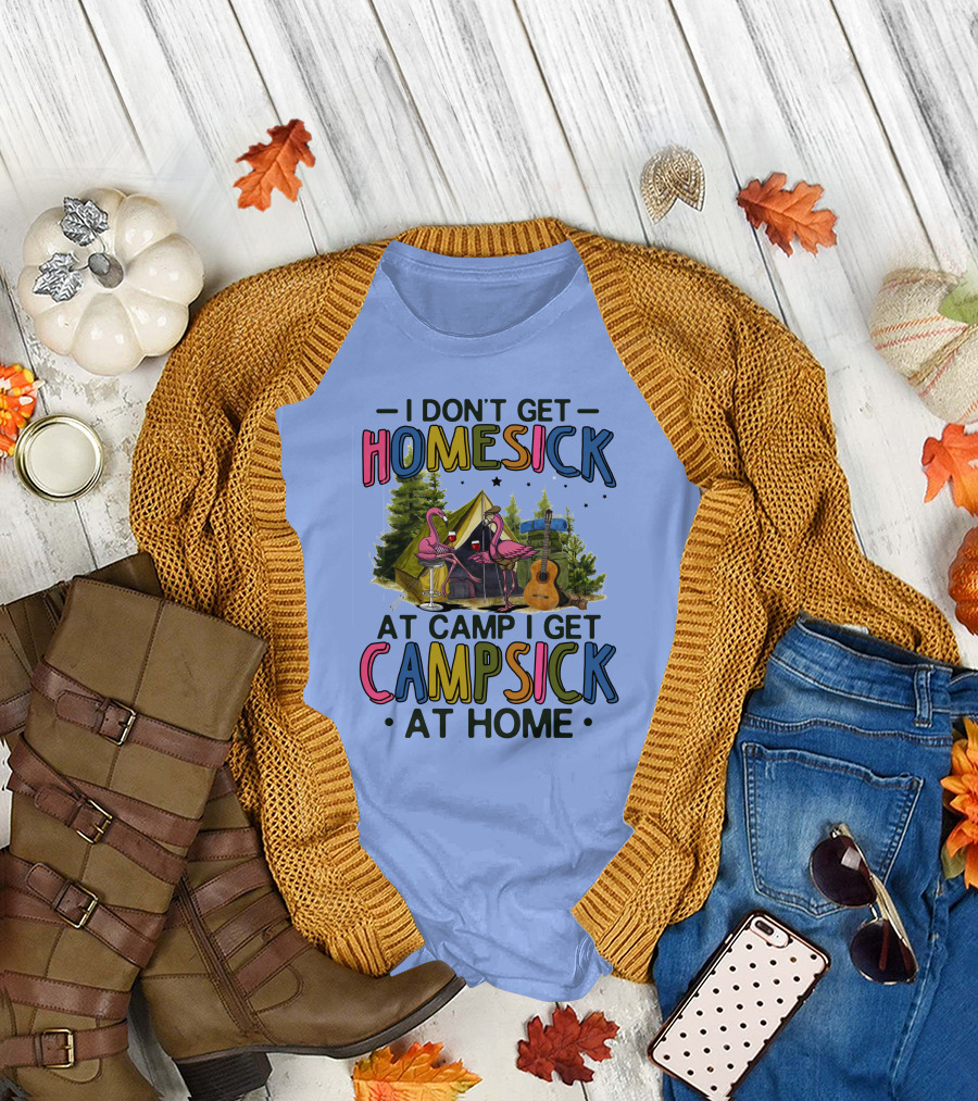 I Don't Get Homesick at Camp I Get Campsick at Home Pink Flamingos Tent Guitar T-Shirt
