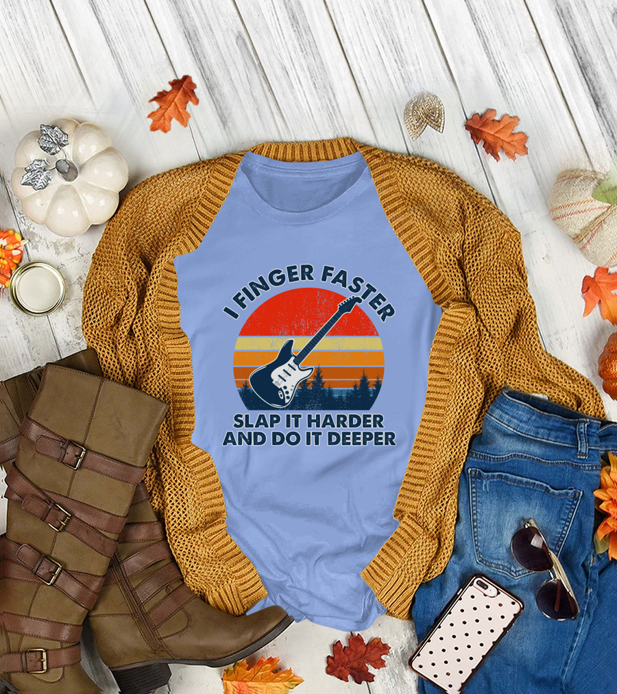 I Finger Faster Slap It Harder and Do It Deeper RD Retro Guitar Sunset Forest T-Shirt