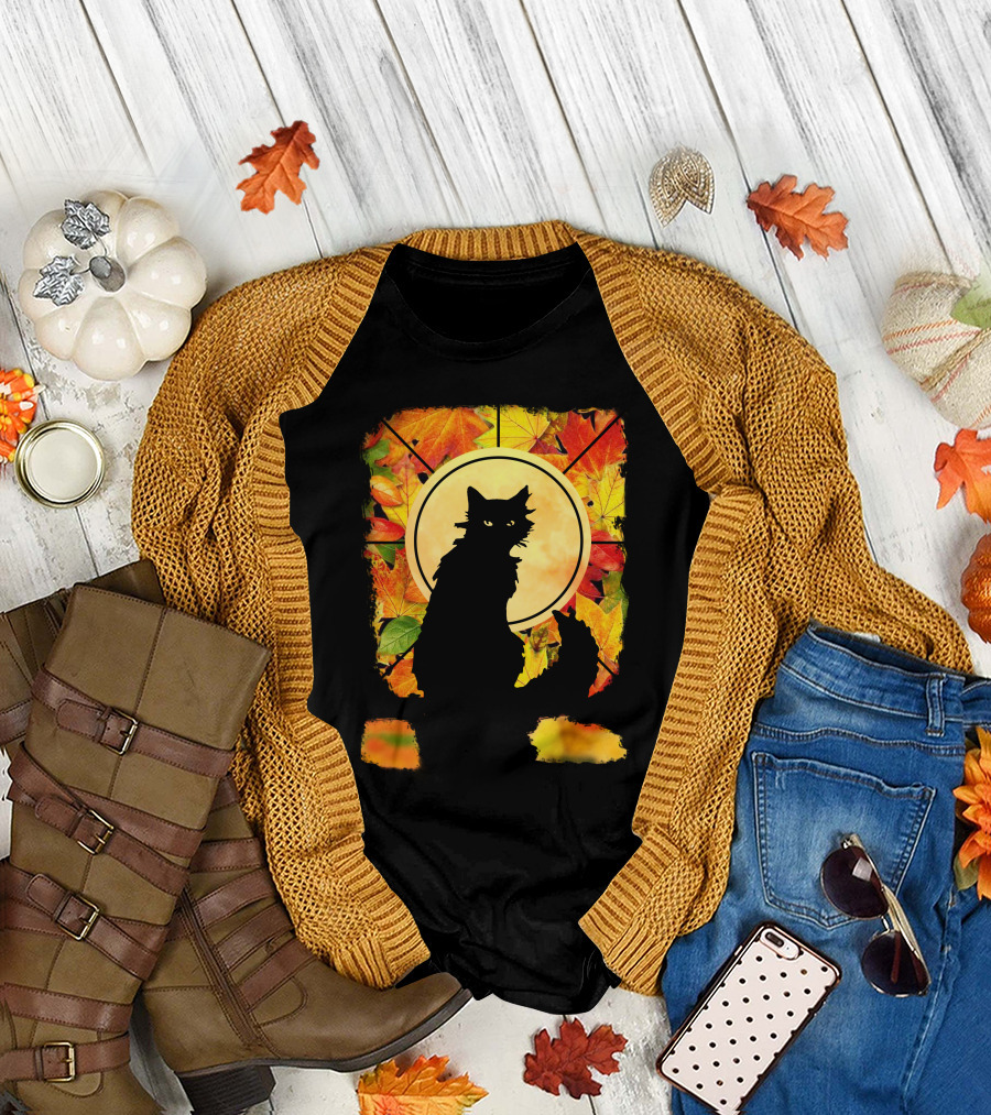 Black Cat Autumn Leaves Silhouette with Full Moon T-Shirt