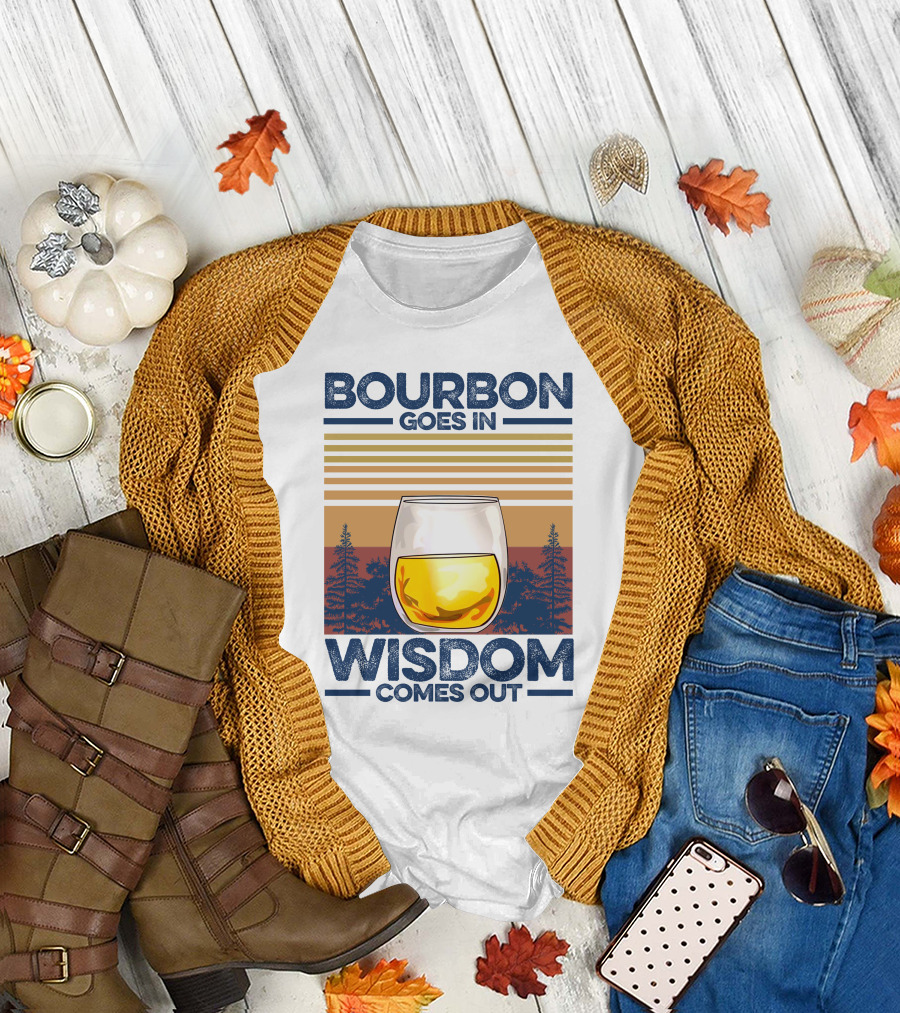 Bourbon Goes In Wisdom Comes Out Whiskey Glass Forest Sunset T-Shirt