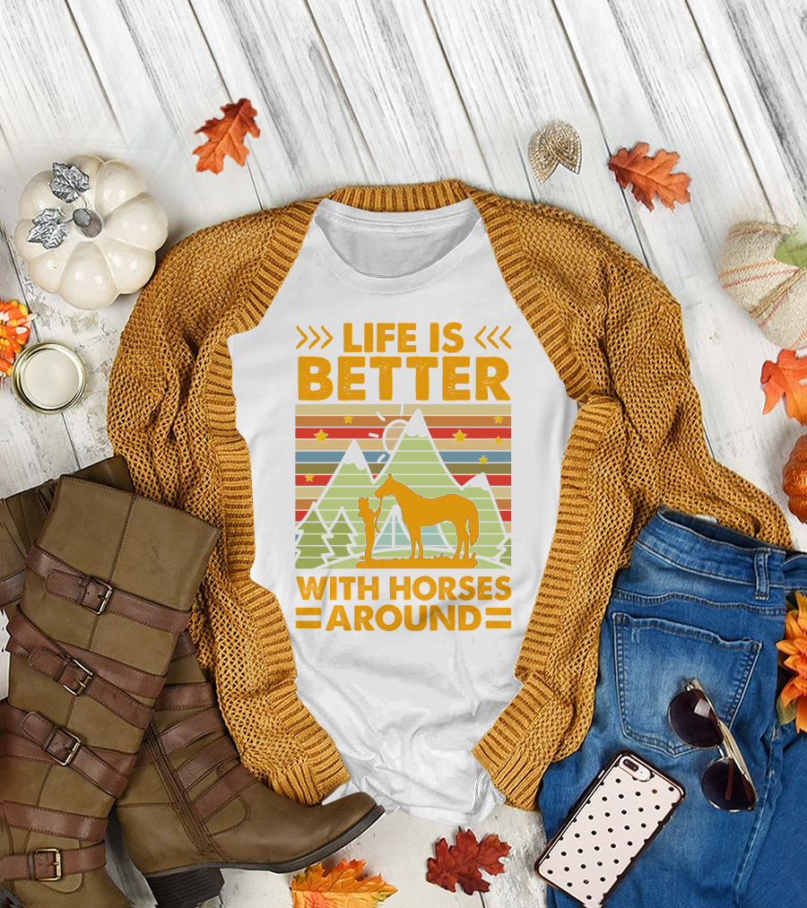 Life Is Better With Horses Around Mountains and Stars Stripes T-Shirt