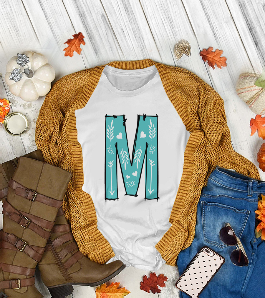 M Hearts and Arrows on Teal Background T-Shirt