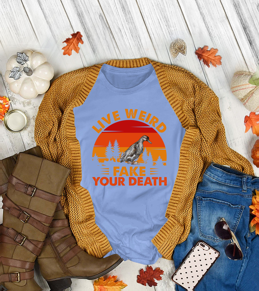 Live Weird Fake Your Death Duck Retro Sunset Forest T-Shirt