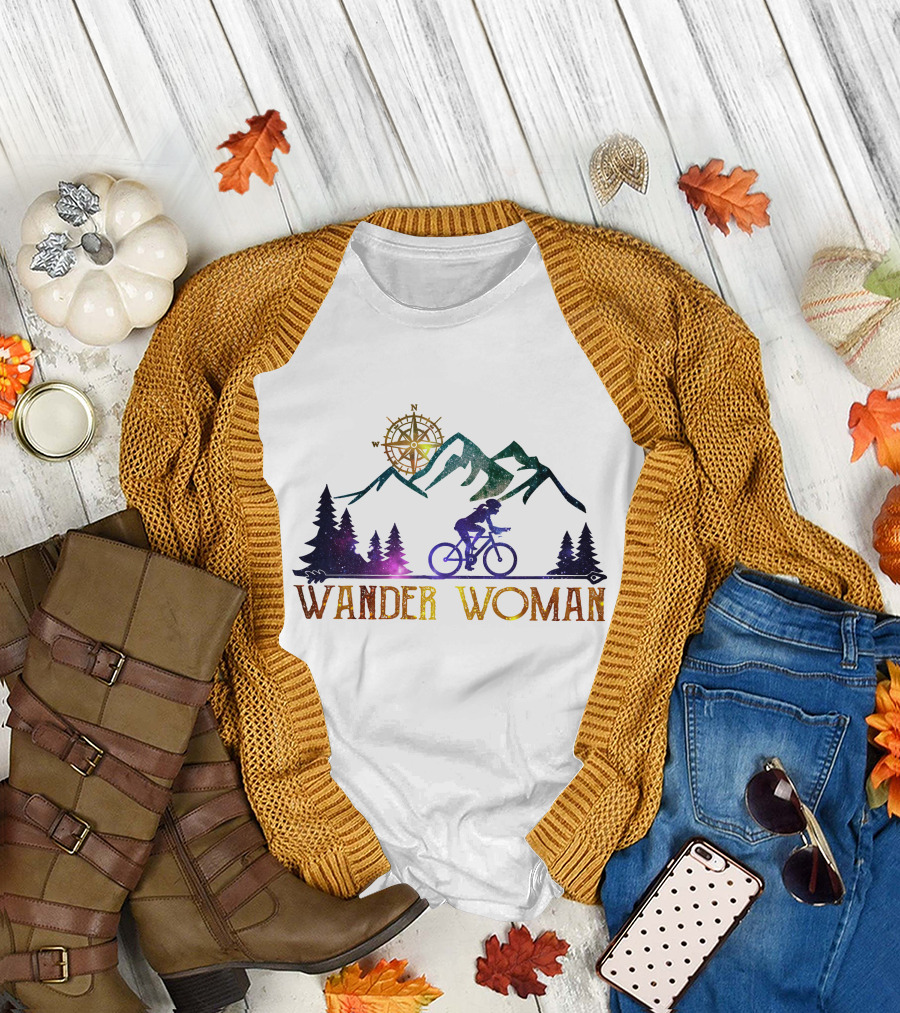 Wander Woman Bicycle Adventure Compass Mountains and Trees T-Shirt