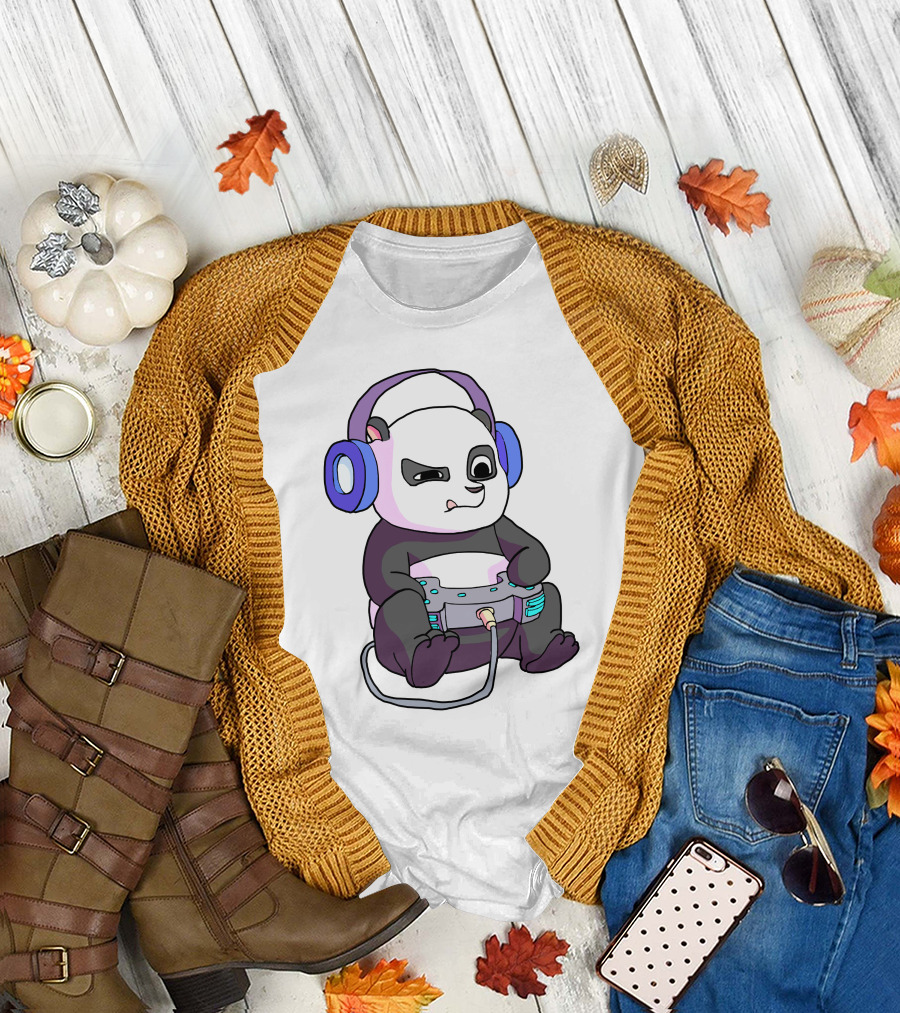 Gamer Girl Teen Panda with Headphones and Game Controller T-Shirt