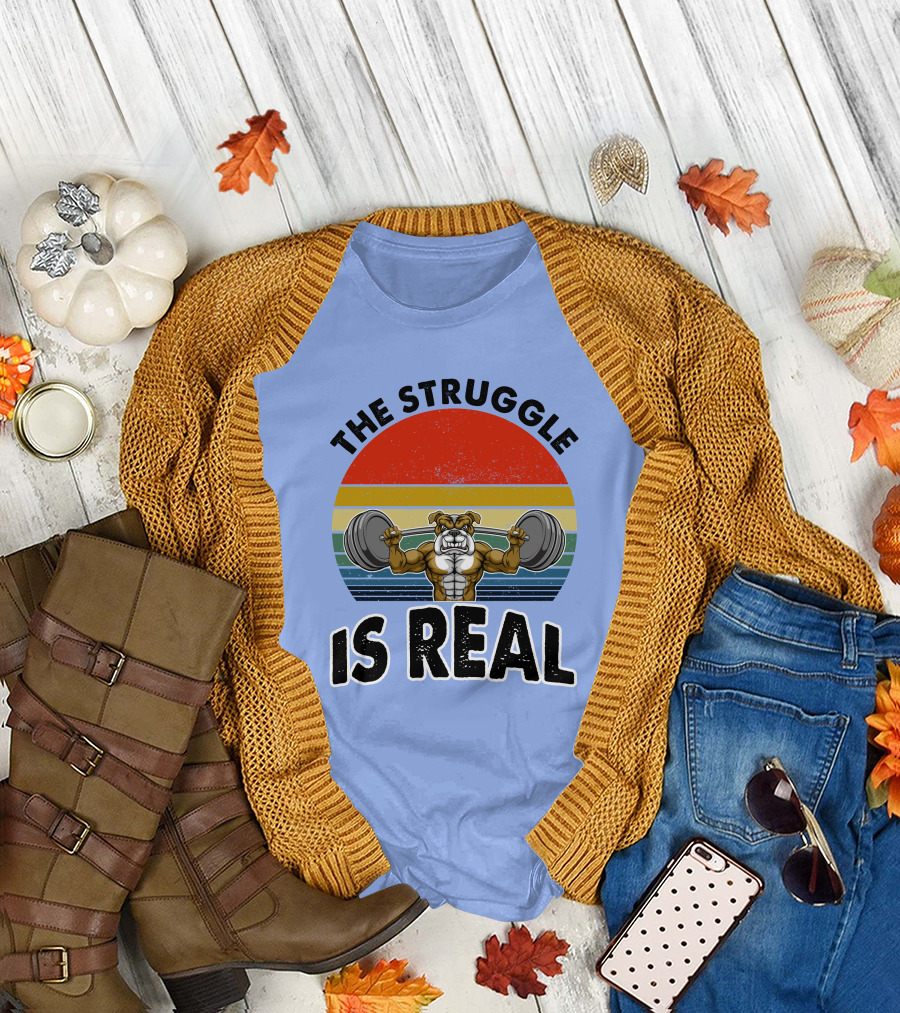 The Struggle Is Real Bulldog Weightlifting Retro Sunset T-Shirt