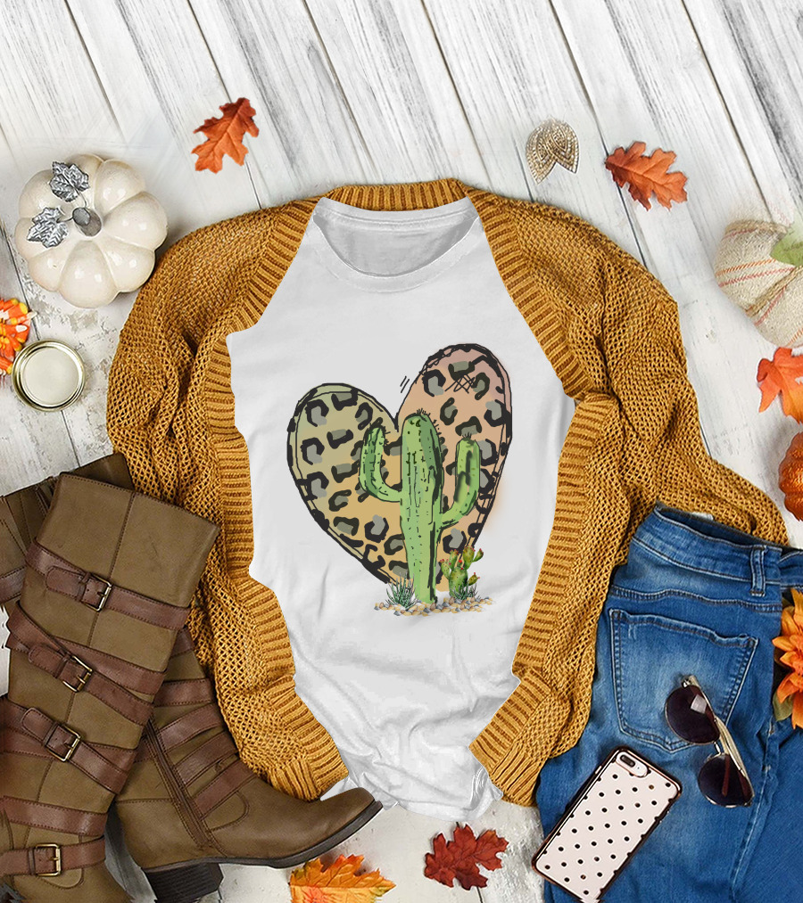 Leopard Print Heart with Green Cactus in Desert Scene T-Shirt