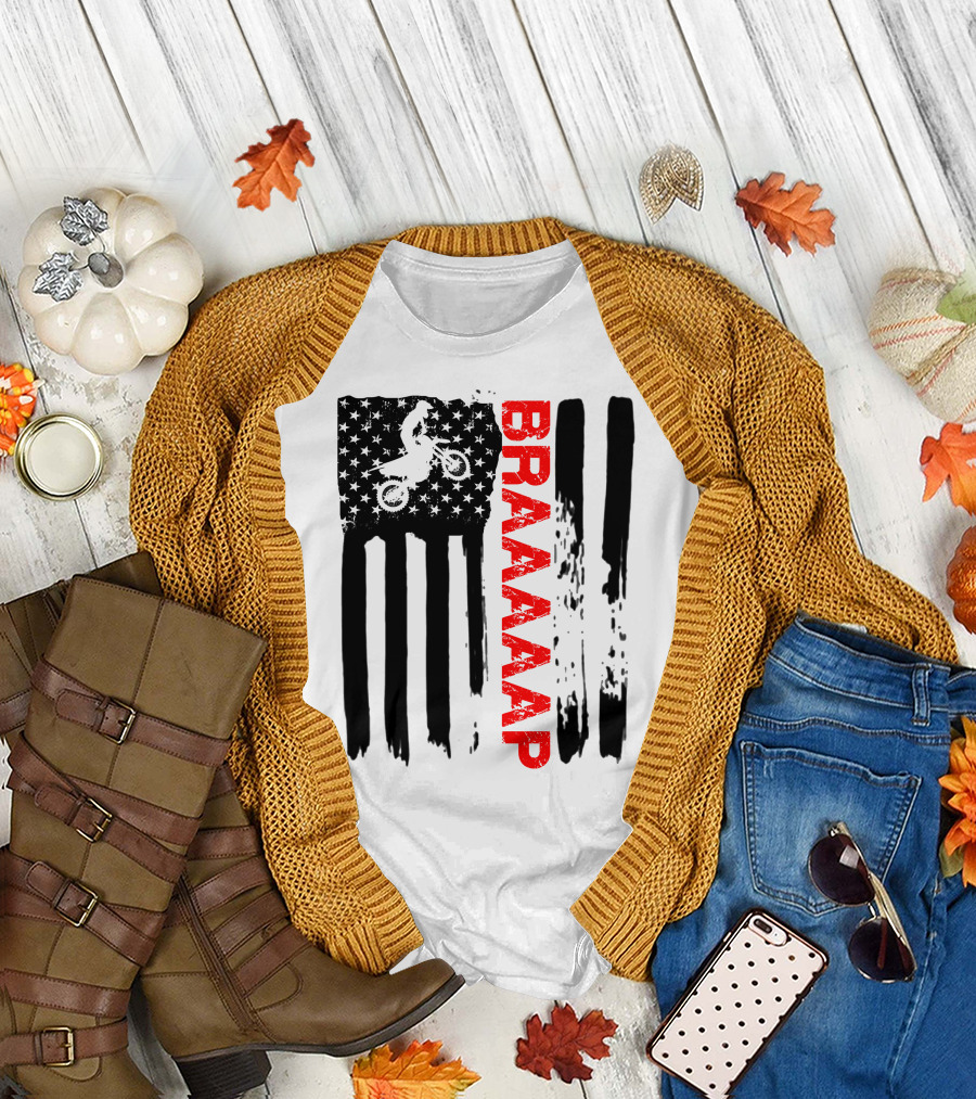 Braap Motocross Rider with American Flag Independence Day T-Shirt