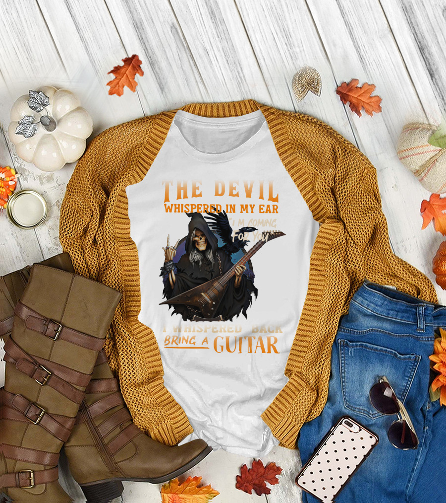 The Devil Whispered In My Ear I'm Coming For You I Whispered Back Bring A Guitar Skeleton in Hood Playing Electric Guitar T-Shirt