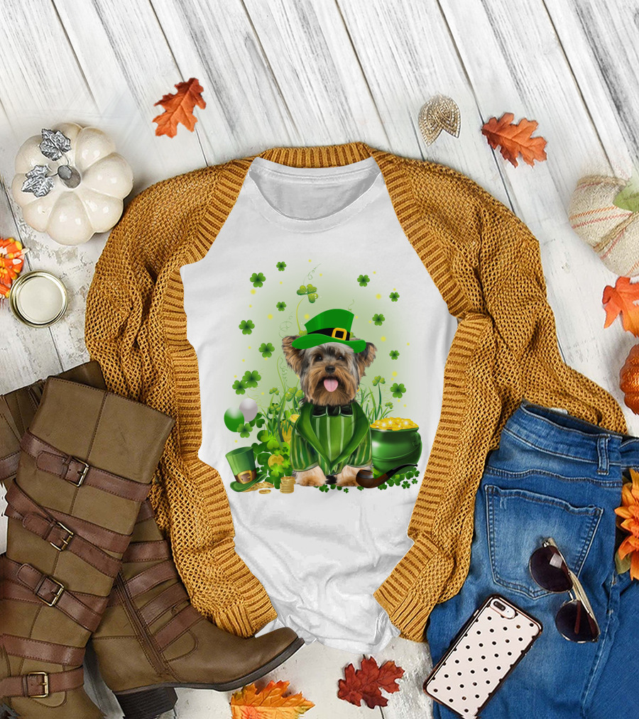 Yorkshire Terrier Saint Patrick's Day Celebration Leprechaun Outfit Shamrocks Pot of Gold T-Shirt