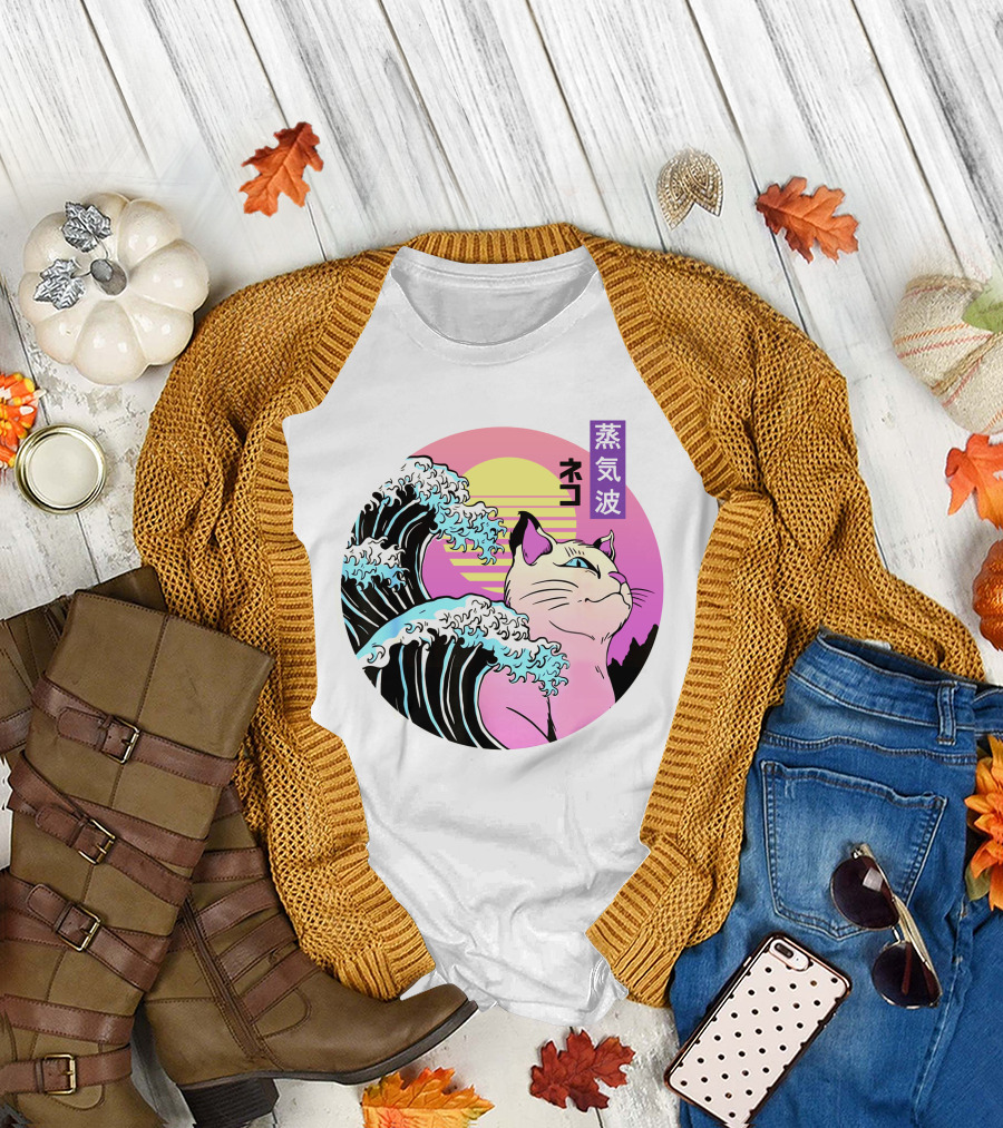 Great Wave Japanese Vaporwave Cat Neko Aesthetic 90s Retro T-Shirt