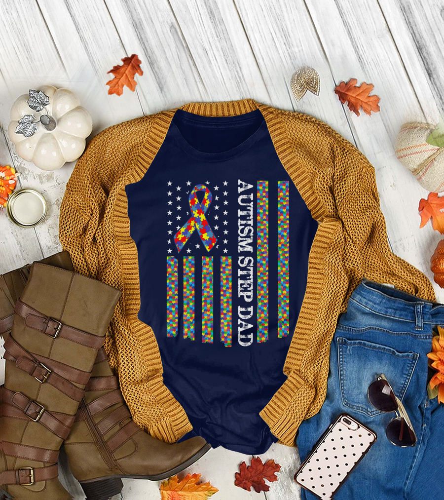 Autism Awareness Autism Step Dad Puzzle Ribbon US Flag T-Shirt