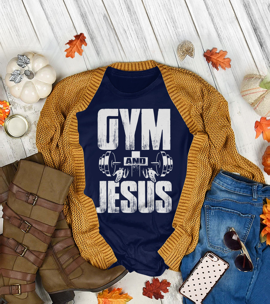 GYM and JESUS Weightlifting Barbell with Hands and Cross T-Shirt