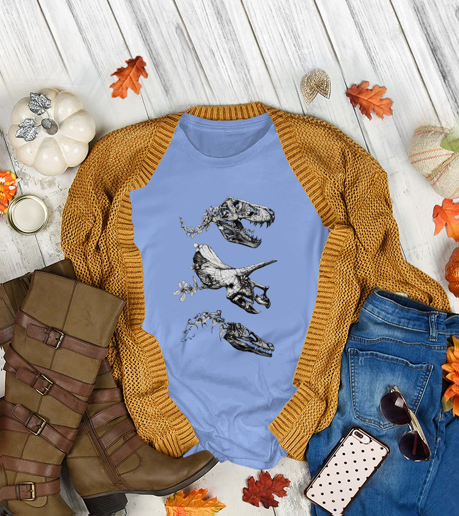 Jurassic Bloom Dinosaur Skulls with Floral Accents T-Shirt