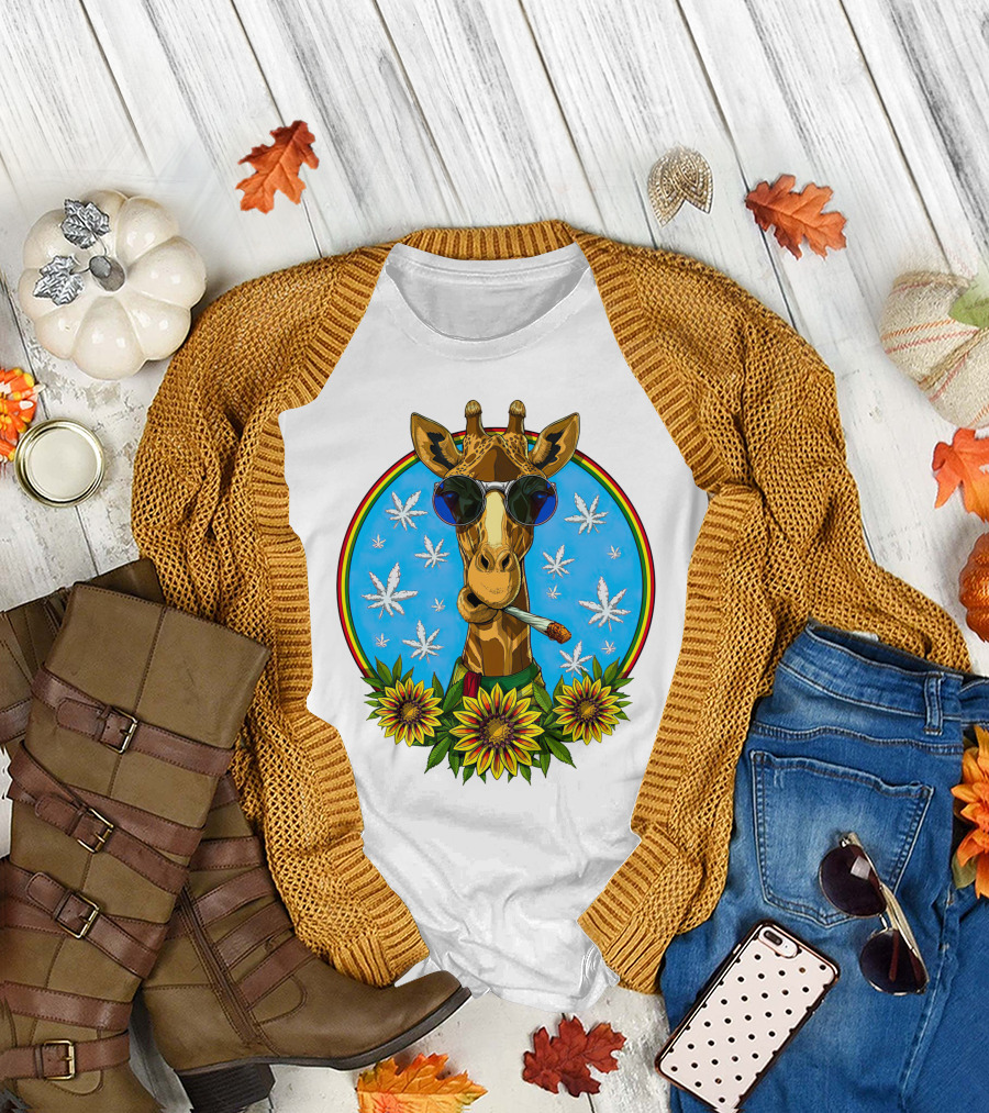 Giraffe Stoner Smoking Weed Joint with Sunglasses and Sunflowers T-Shirt