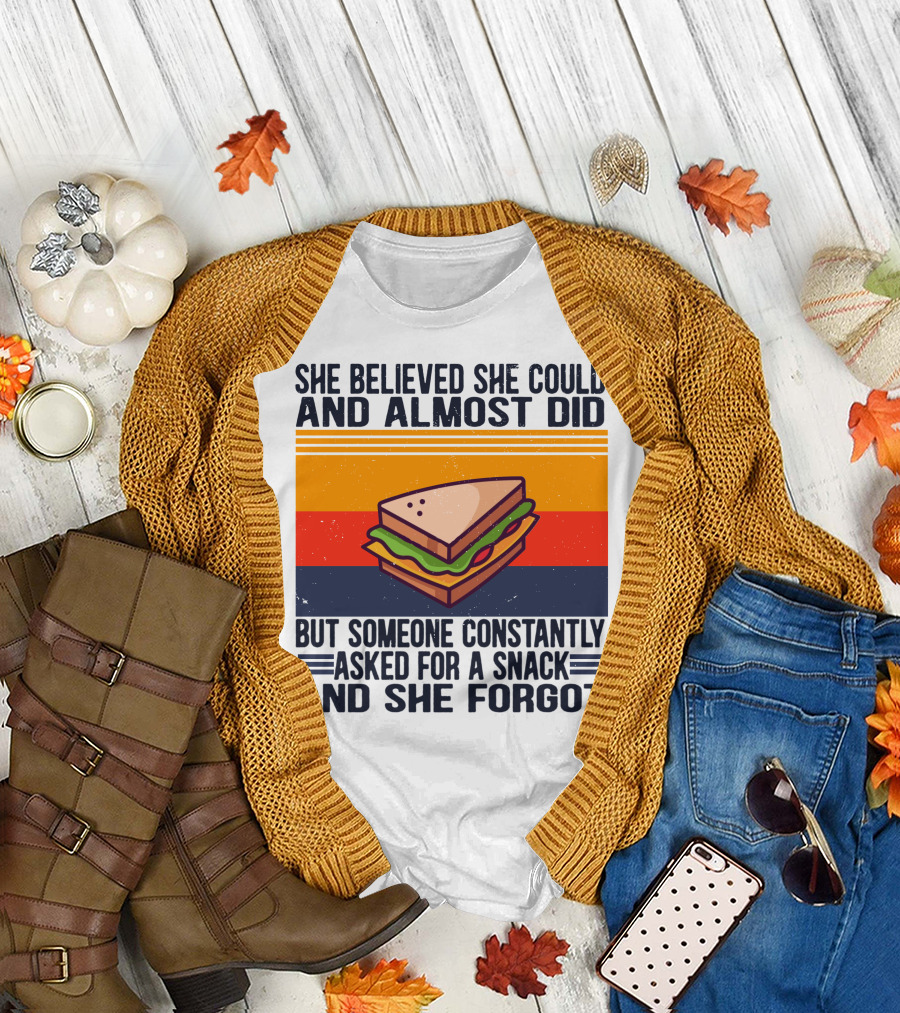 She Believed She Could and Almost Did but Someone Constantly Asked for a Snack and She Forgot Sandwich Retro Sunburst T-Shirt