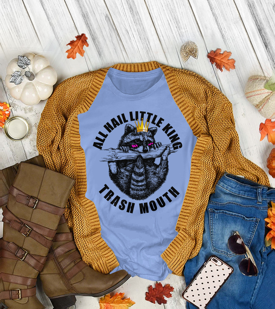 All Hail Little King Trash Mouth Racoon Wearing Crown Hanging on Branch T-Shirt