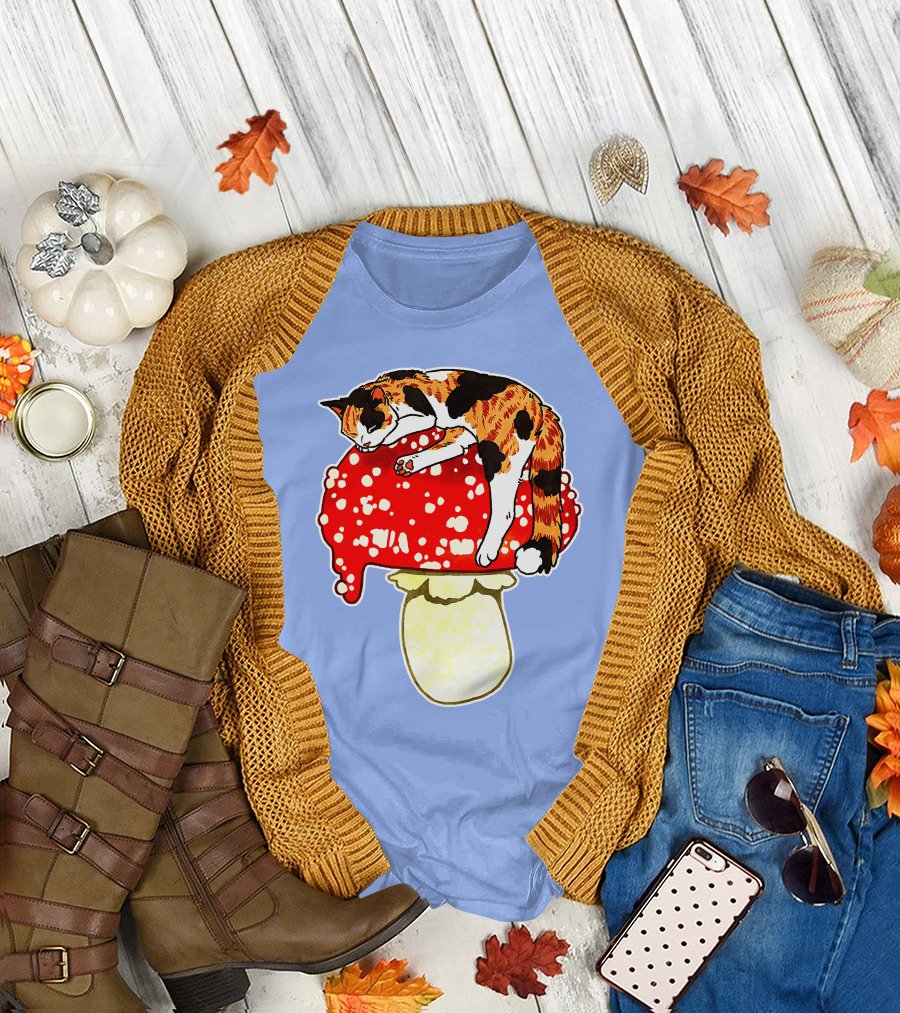 Cute Calico Cat Napping on Red Spotted Mushroom T-Shirt