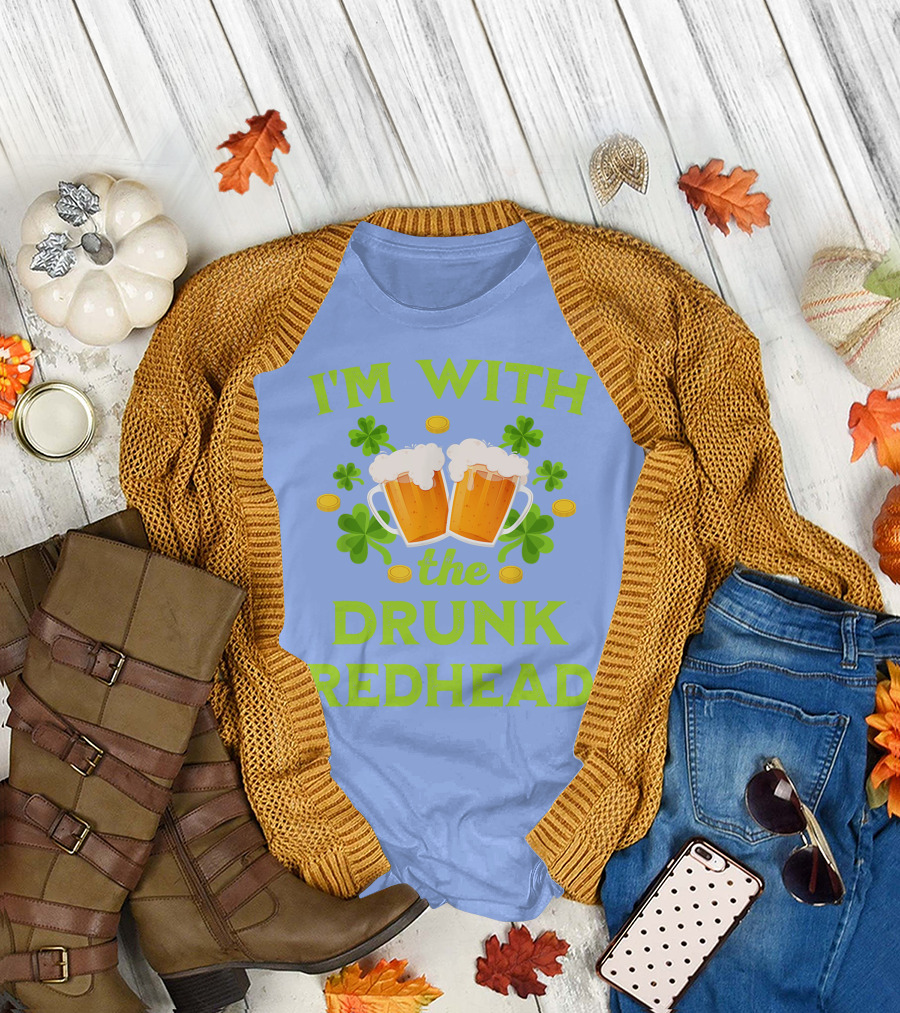 I'm With the Drunk Redhead Beer Mugs Shamrocks Coins T-Shirt