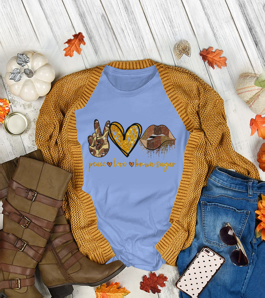 Peace Love Brown Sugar Glitter Lips Camo Peace Sign Heart T-Shirt