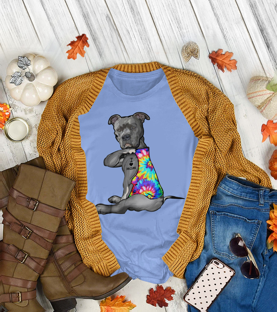 Pitbull Dog I Love Mom Tattoo Tie-Dye T-Shirt