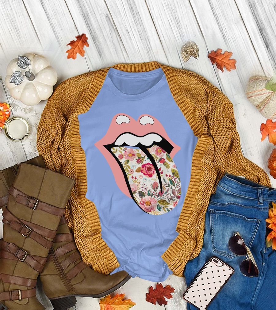 Vintage Rolling The Stone Tongue Floral Hippie Gypsie Soul T-Shirt