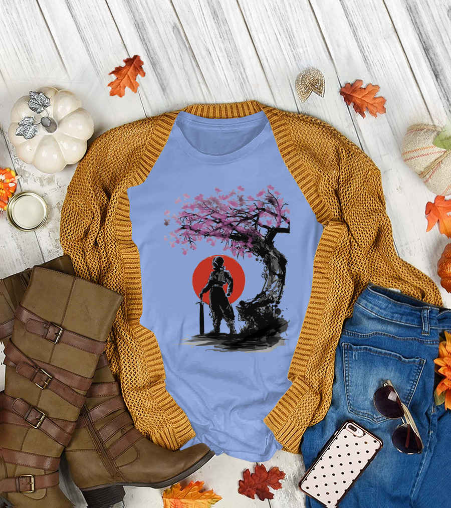 Trunks Hope Under The Sun Cherry Blossom Silhouette with Sword Red Circle Background T-Shirt
