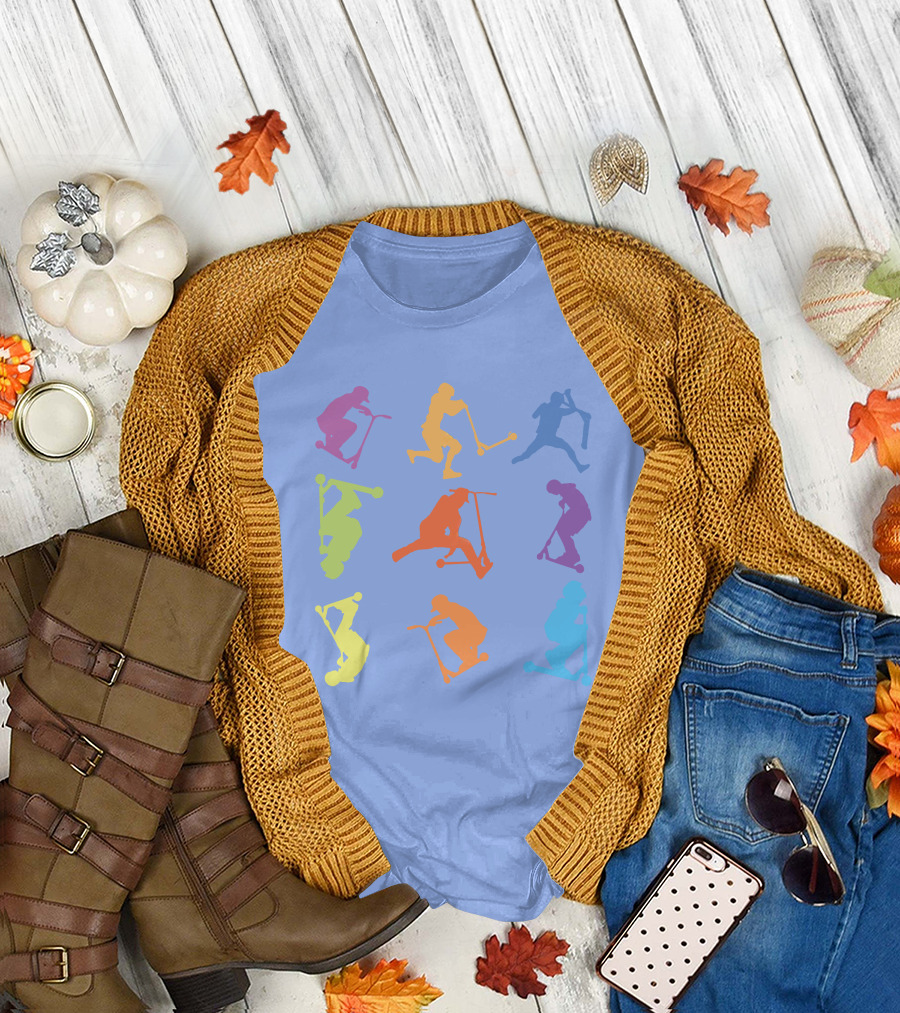 Stunt Scooter Tricks Multicolor Silhouettes in Action T-Shirt