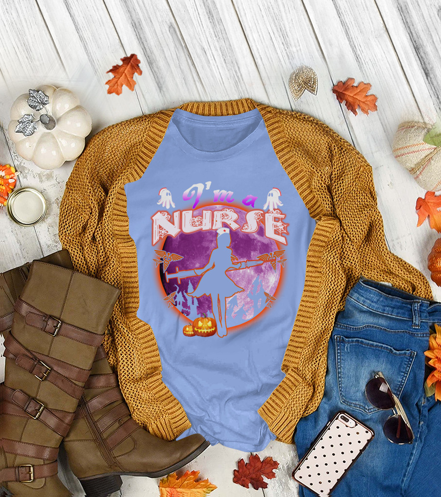 Nurse Halloween Moon Silhouette with Pumpkins and Medical Staff Symbols T-Shirt