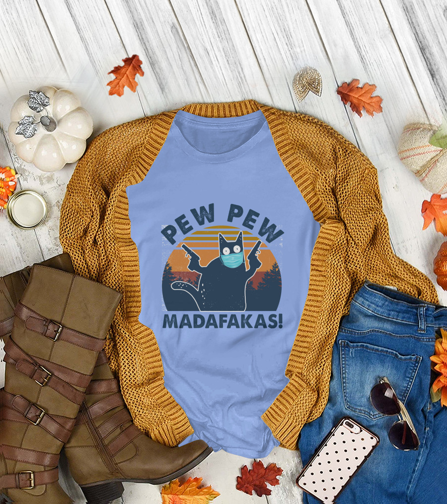 Pew Pew Madafakas Cat Mask Sunset Forest Scene T-Shirt