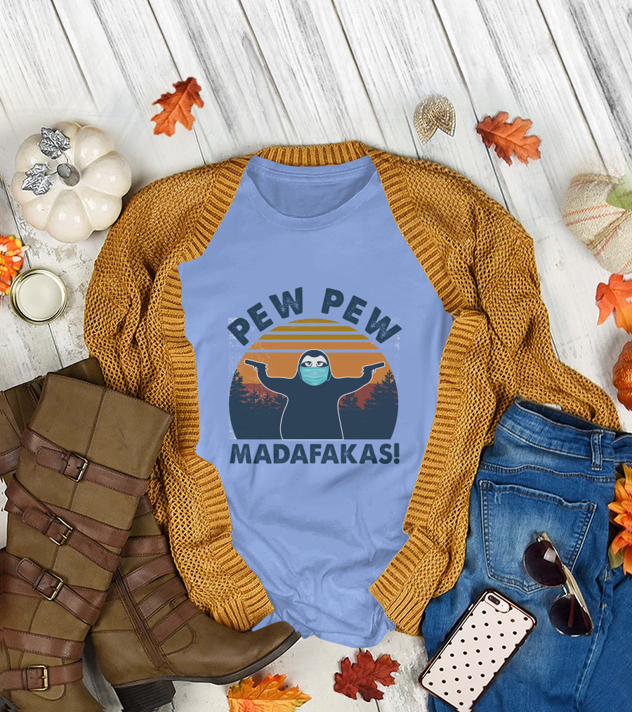 Pew Pew Madafakas Sloth Mask Forest Silhouette Sunset T-Shirt