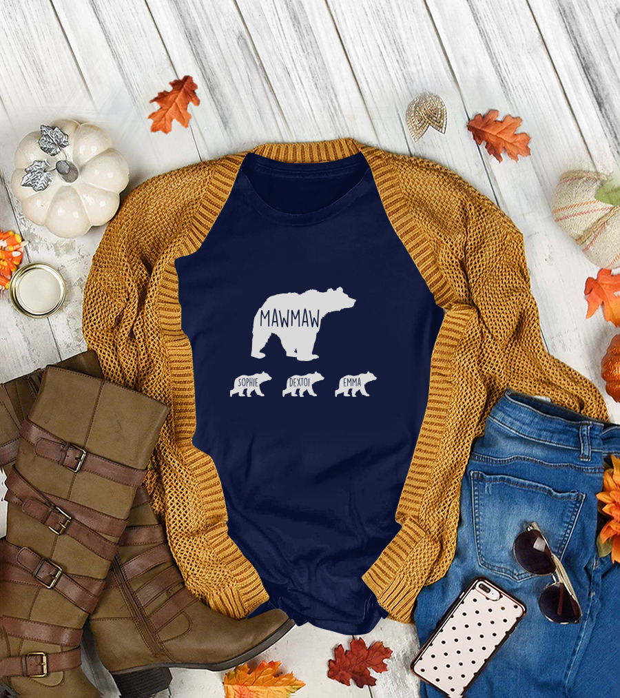 Mamaw with Grandkids Names Sophie Dextoi Emma Bear Family T-Shirt
