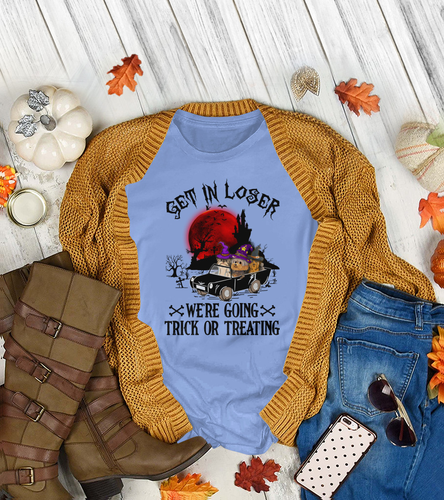 GET IN LOSER WE'RE GOING TRICK OR TREATING Yorkshire Terrier Halloween Car Scene with Red Moon and Spooky Castle T-Shirt