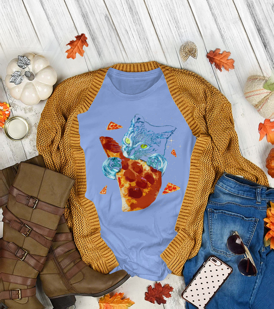 Space Cat Hugging Giant Pizza Slice with Floating Pepperoni Pizza Triangles T-Shirt