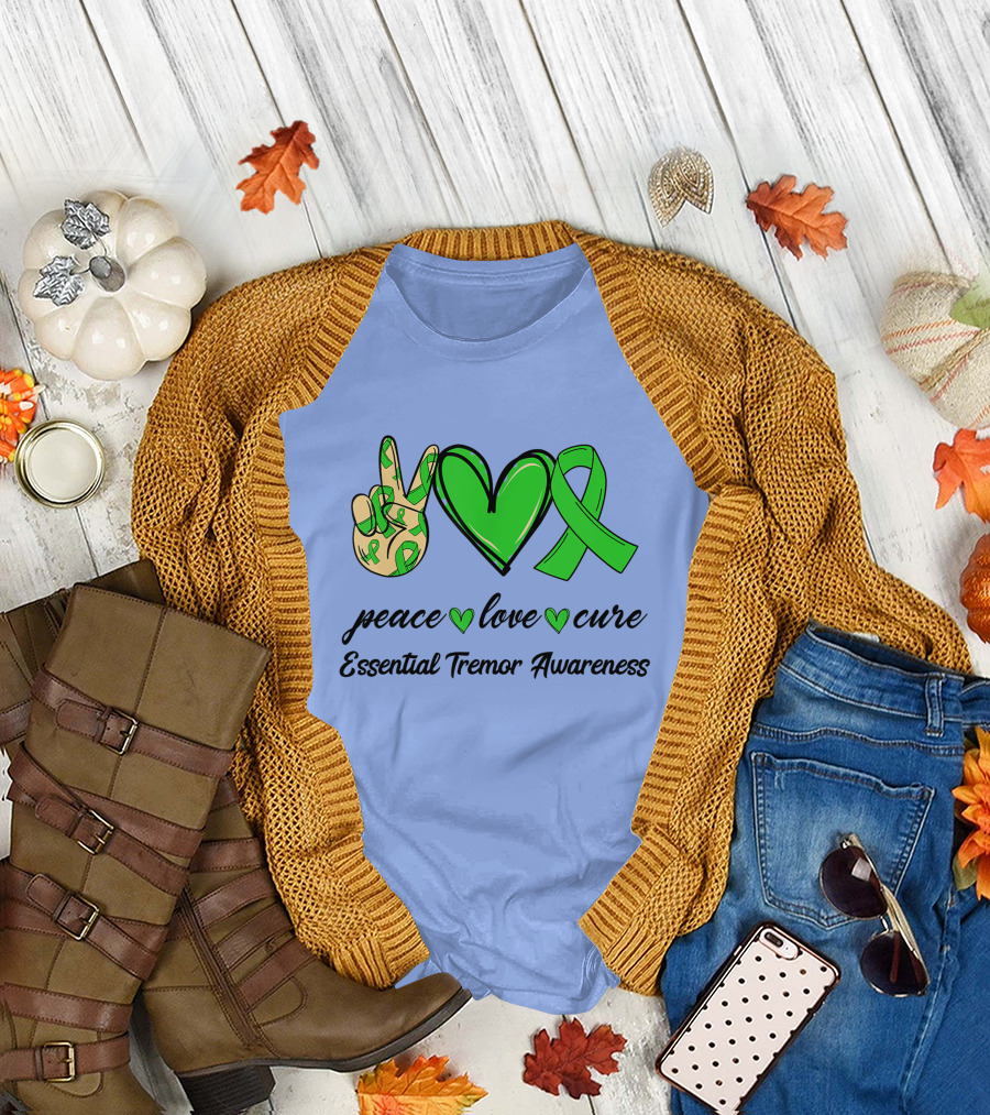 Peace Love Cure Green Ribbon Essential Tremor Awareness T-Shirt