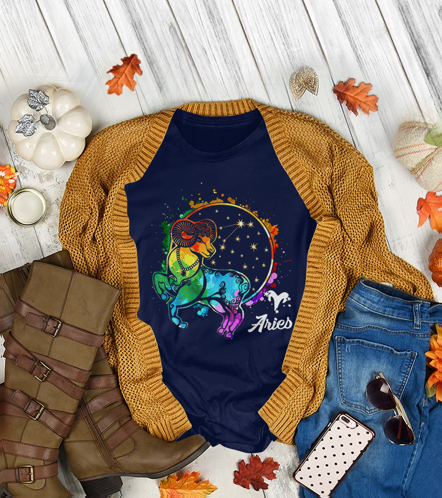 Aries Zodiac Ram with Colorful Constellation T-Shirt