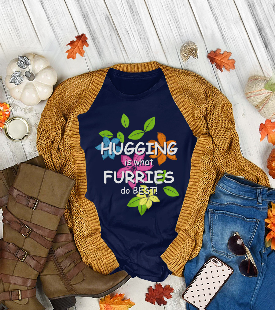 Hugging is What Furries Do Best Colorful Flowers BLACK Best Hugs Furry Lover T-Shirt