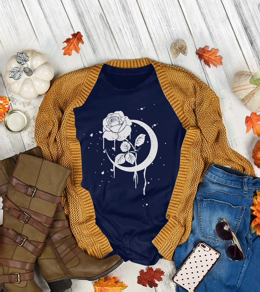 Occult Moon Rose Gothic Dripping Crescent Blossom T-Shirt