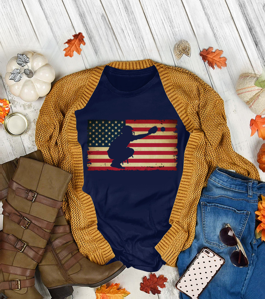 Baseball Catcher Silhouette American Flag Background T-Shirt