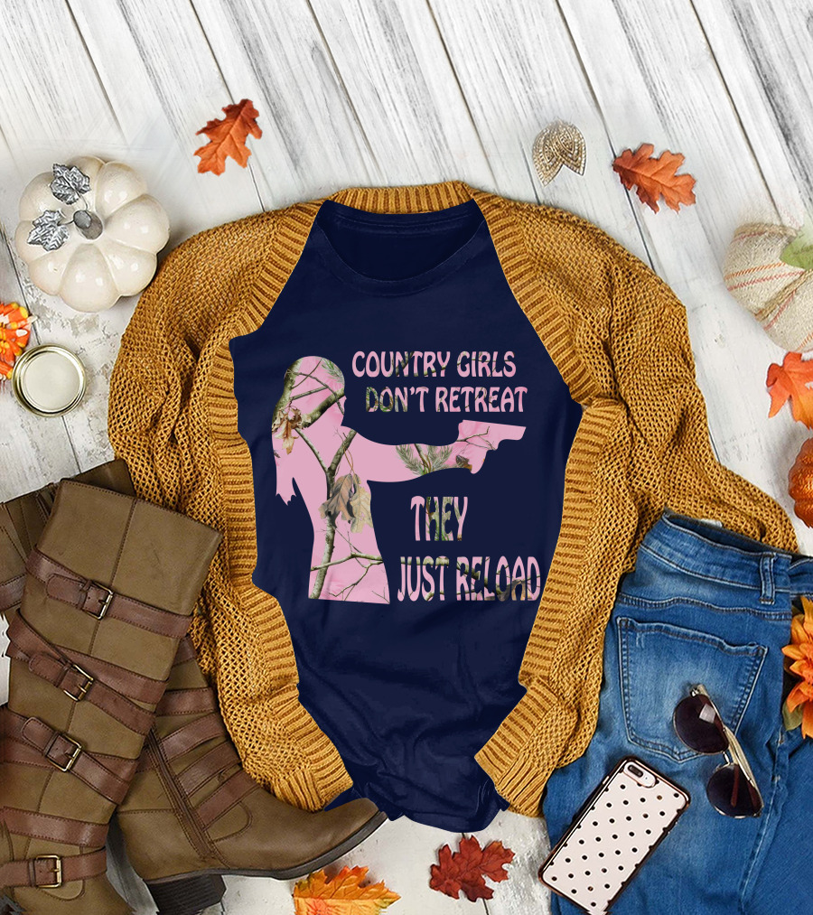 Country Girls Don't Retreat They Just Reload Pink Camouflage Gun T-Shirt